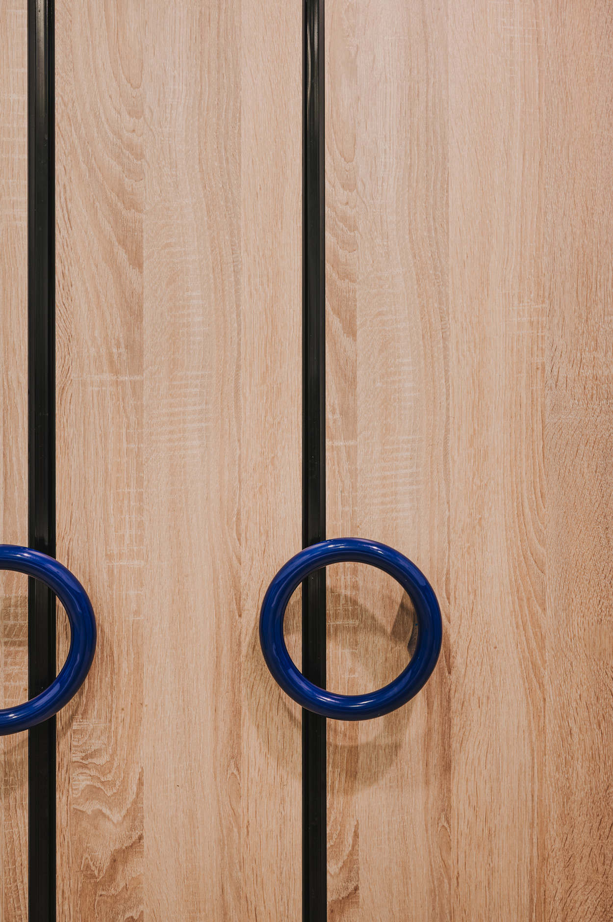 Foto: Detailaufnahme von hellen Holztrennwänden mit runden, dunkelblauen Griffen in einem modern gestalteten Sanitärbereich.